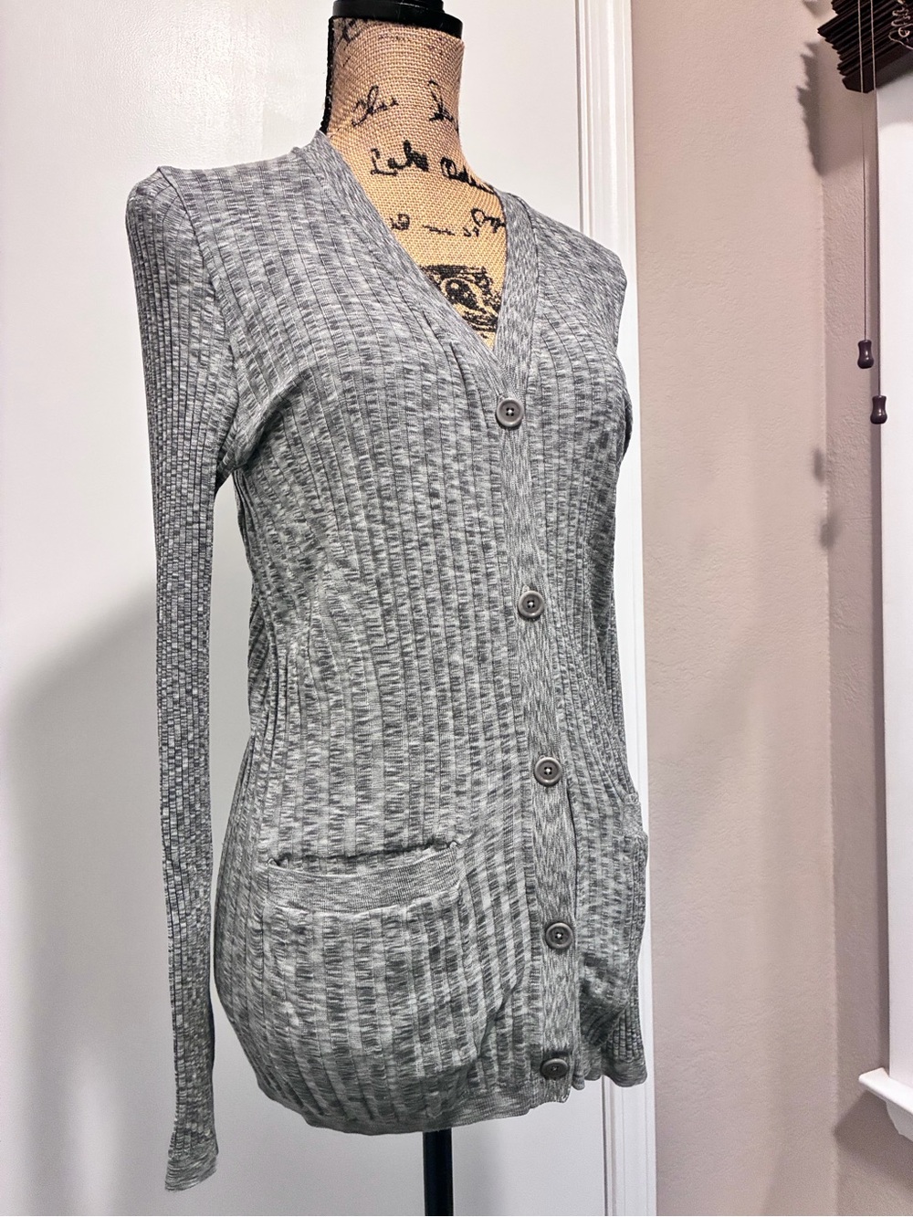 Athleta Heather Grey Ribbed V-Neck Button Cardigan - Picture 2 of 6